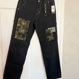 PRPS Black Jeans with Gold Floral Accents